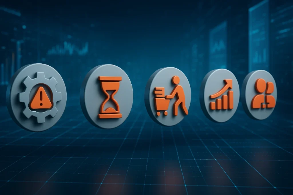 5 icons representing the 5 hidden costs or repetitive manual work.