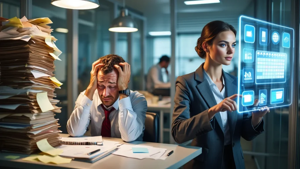 A frustrated businessman and a very efficient businesswoman