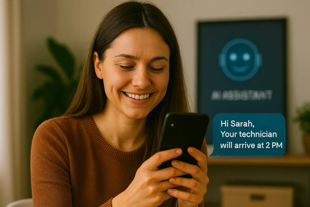 A happy woman on her phone.