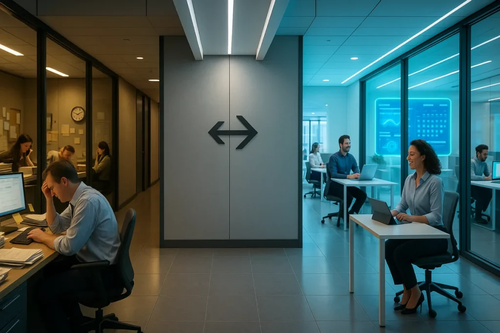 Modern office hallway with 2 sides. One running poorly and one running efficiently.