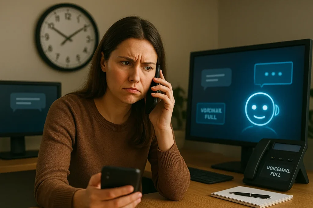 An unhappy looking woman on the phone with a message that says voicemail full displayed on the screen