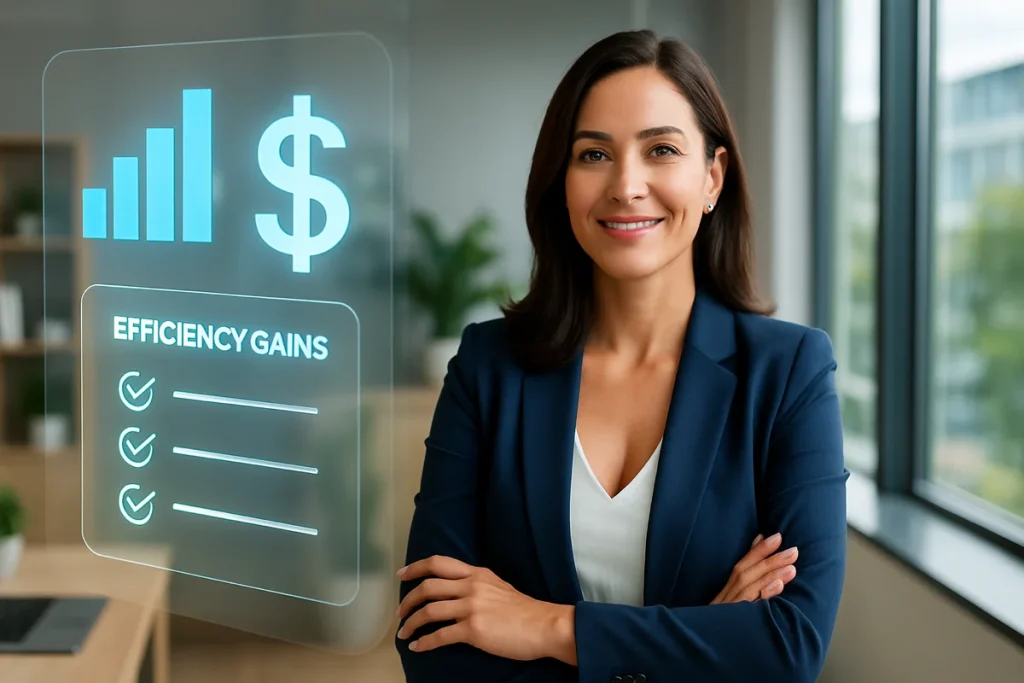 A confident woman in front of a sign that says Efficiency gains