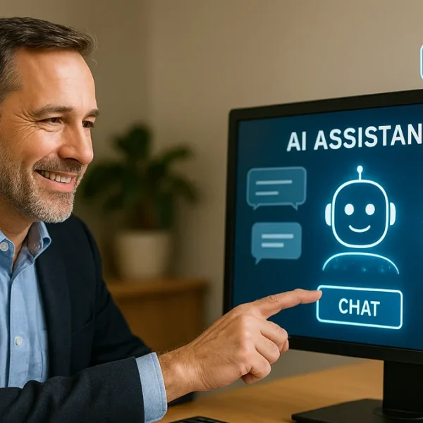 A man at a desk with a graphic of an AI assistant on his computer screen