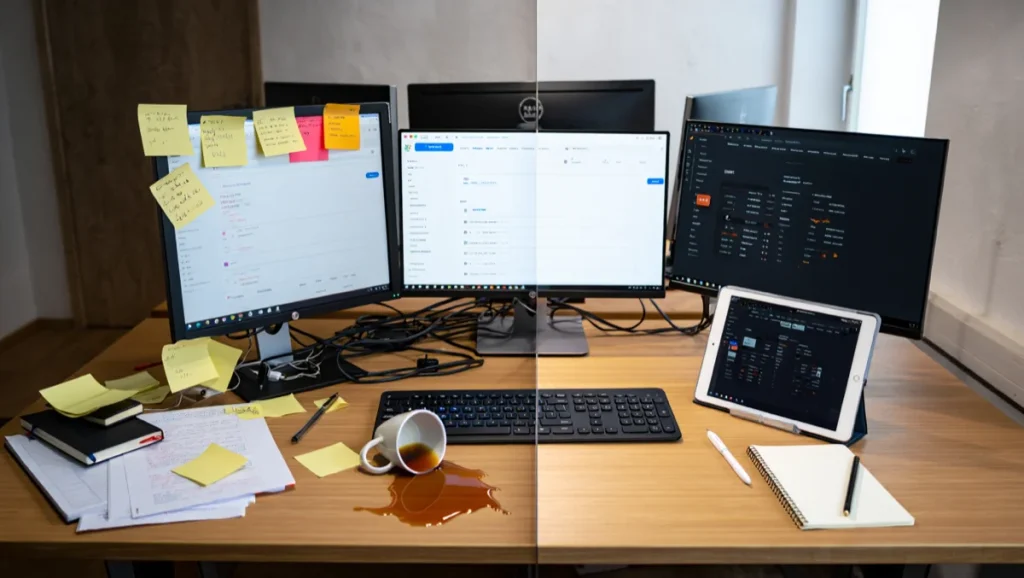A split screen of a desk layout with one side cluttered and the other side organized