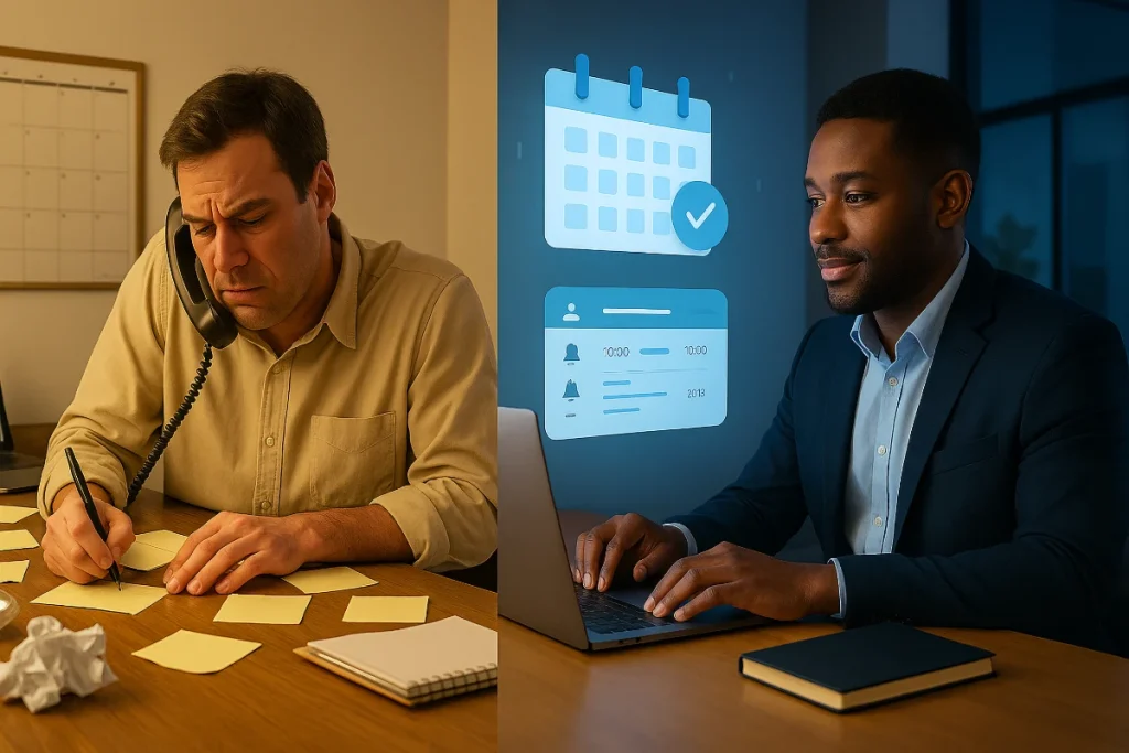 2 men at desks, one overwhelmed and one happy