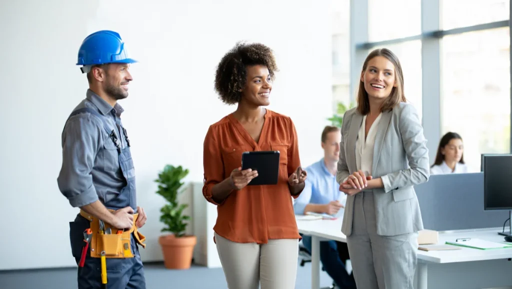 A construction worked, and t businesswomen who are happy and enjoying their work