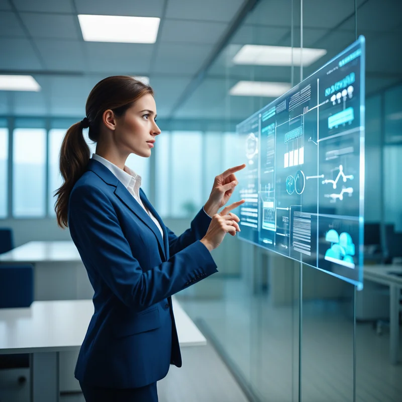 1n attractive business woman in front of a holographic panel