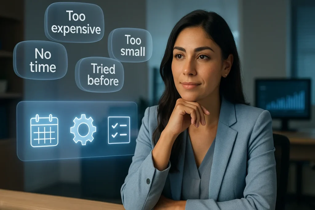 A woman at a desk with various thought bubbles stating objections to automation.