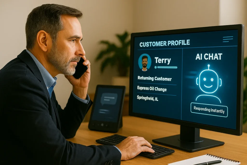 A man at a computer with customer information on the screen.
