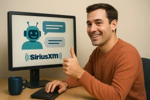 A happy man in front of a computer with SiriusXM logo on it