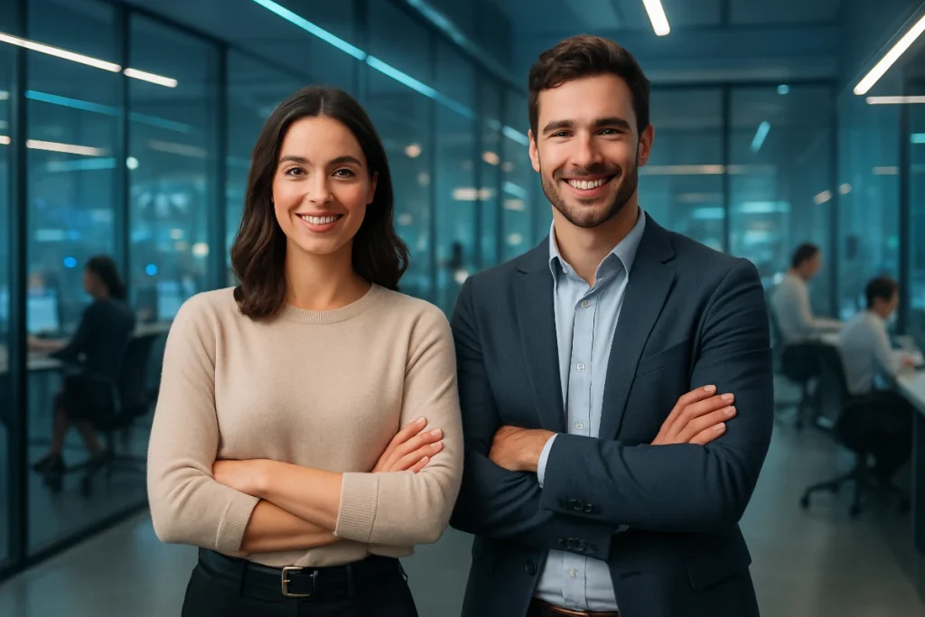 Man and woman in futuristic office