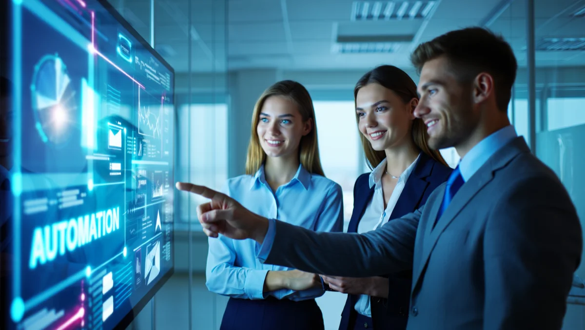 2 women and a man in front of a holographic screen