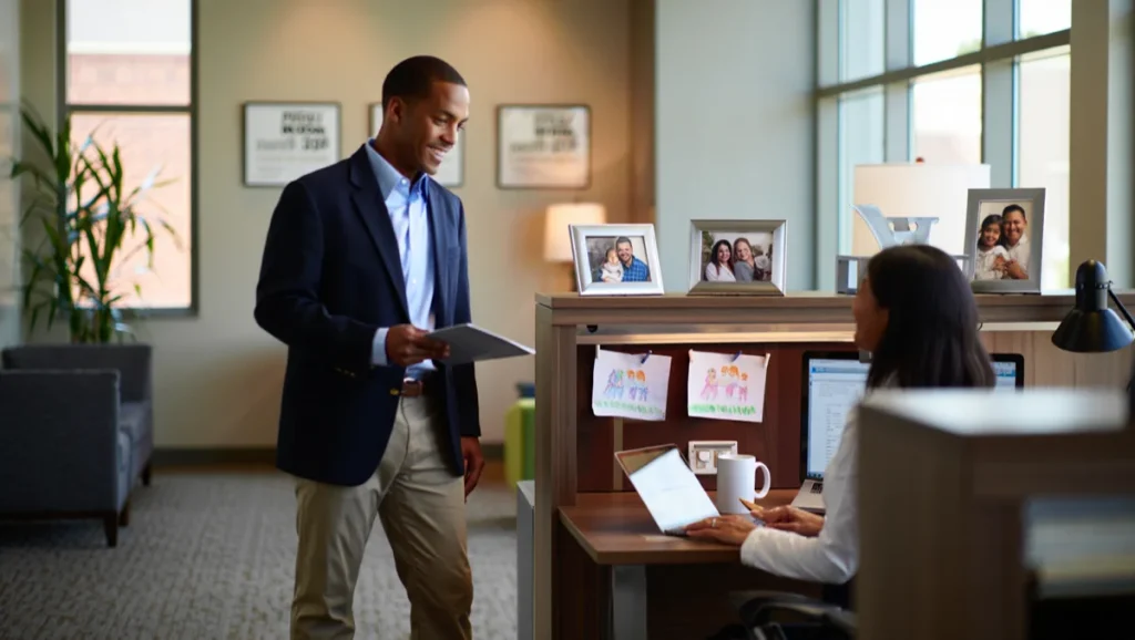 A business owner at the desk of an employee