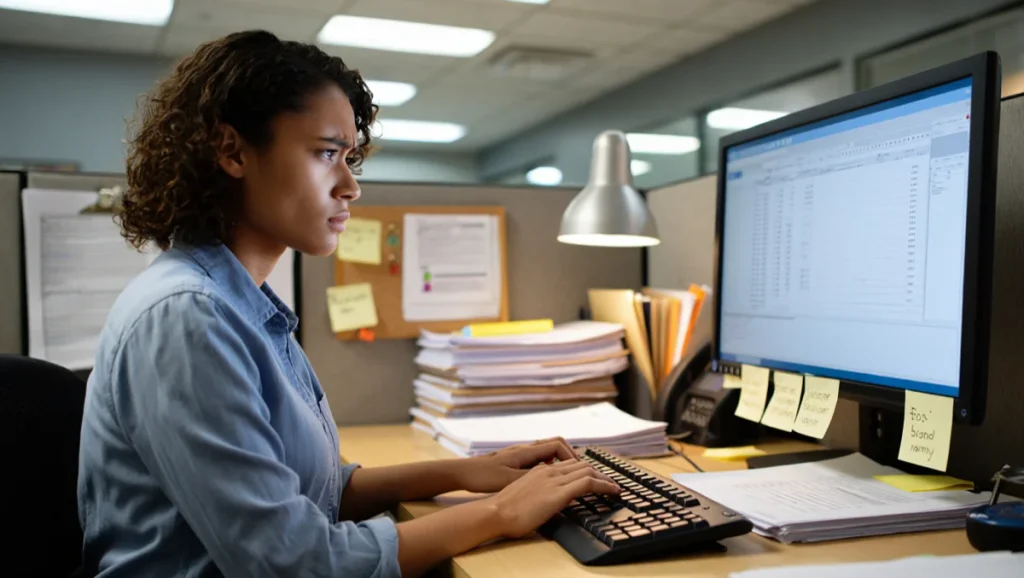 A woman at a computer doing routine data entry