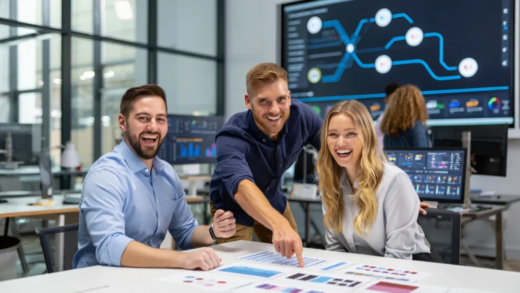 Happy employees discussing mission critical processes