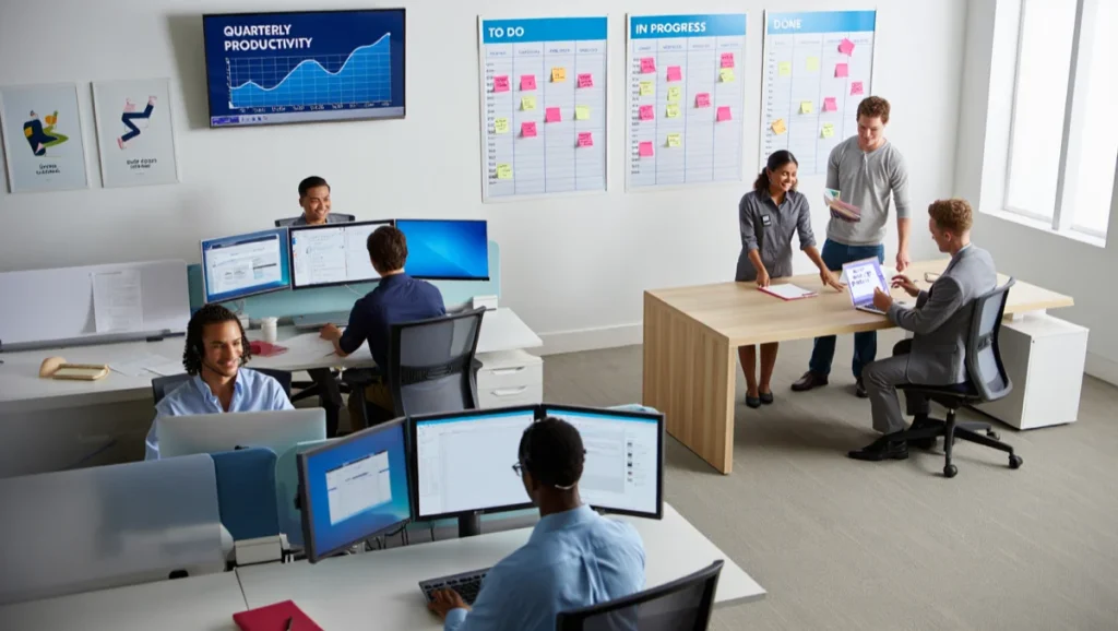 A busy office with a productivity chart heading upward