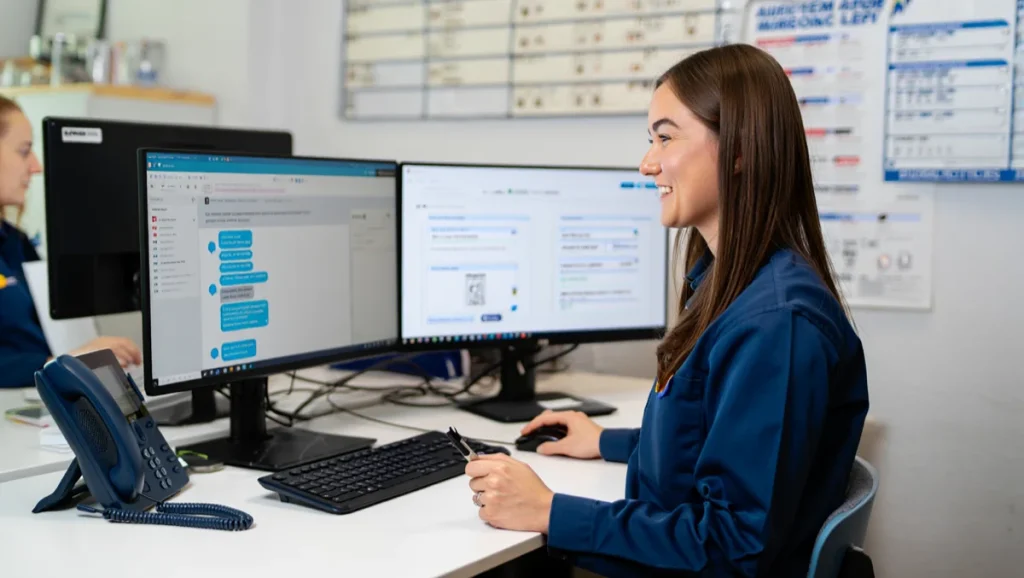 A customer service rep at a desk with 2 computers