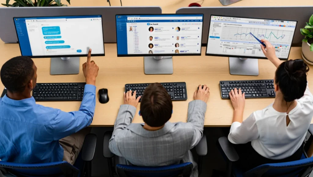 screens representing 3 different departments with workers at the desk